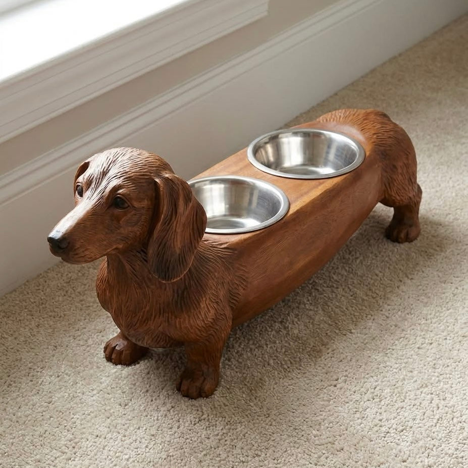 Dachshund Feast – Wooden Bowl Stand