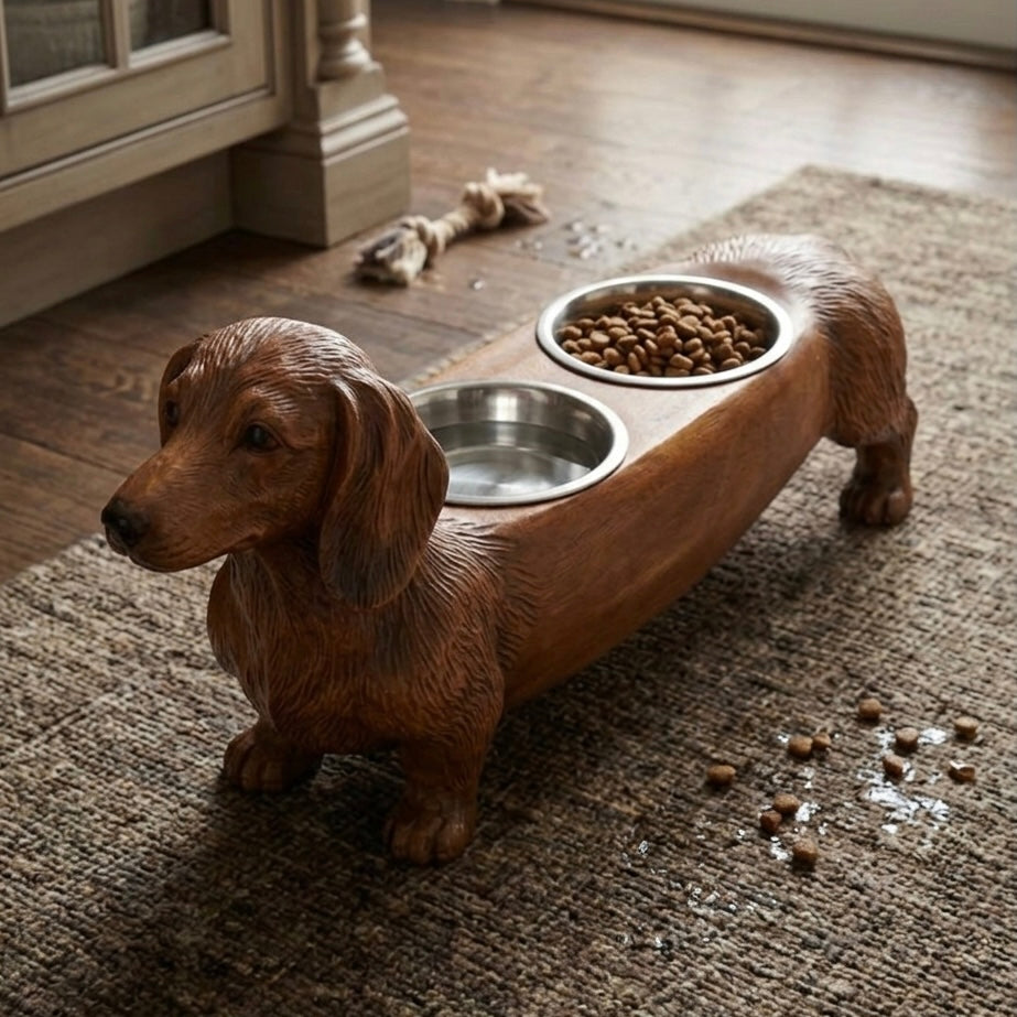 Dachshund Feast – Wooden Bowl Stand