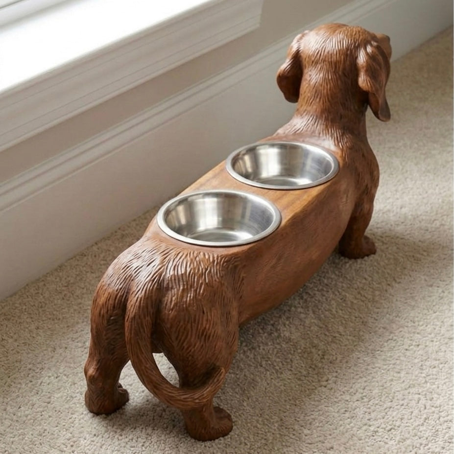 Dachshund Feast – Wooden Bowl Stand
