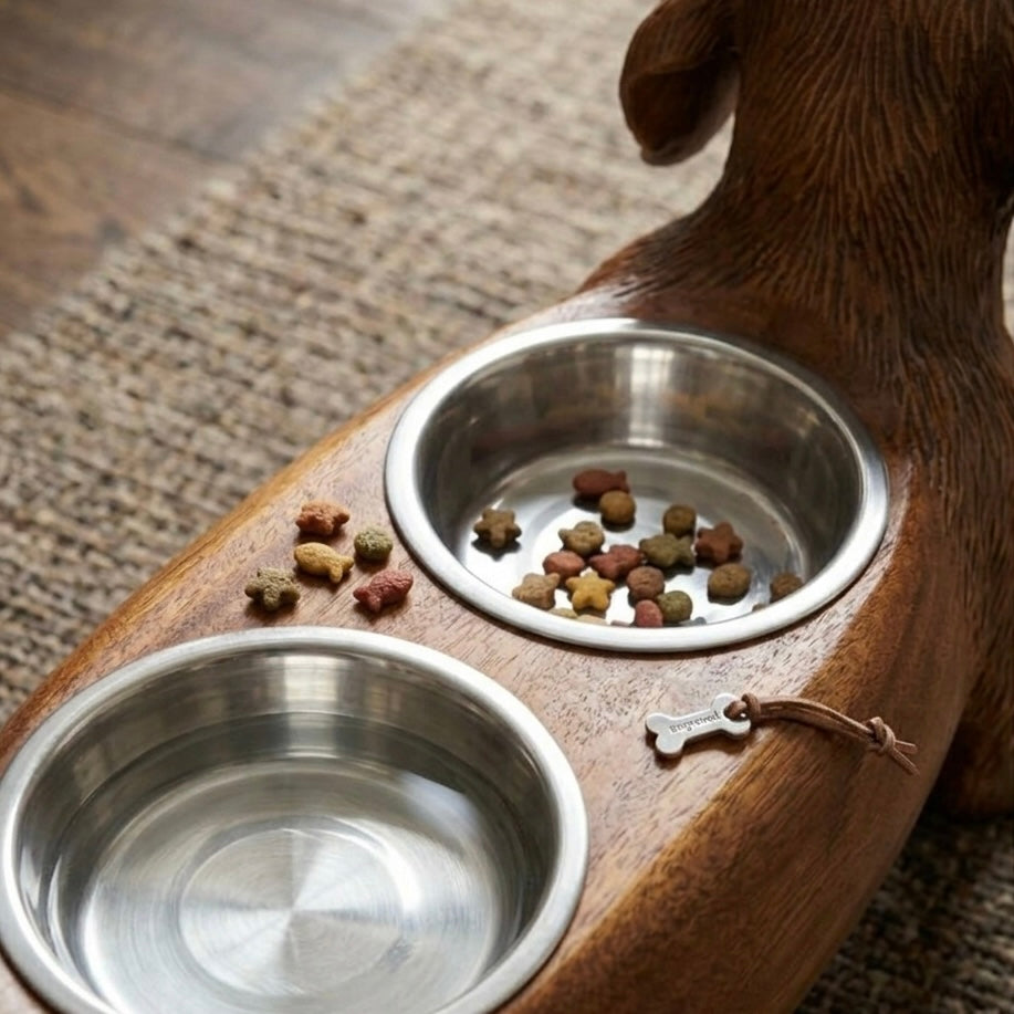 Dachshund Feast – Wooden Bowl Stand