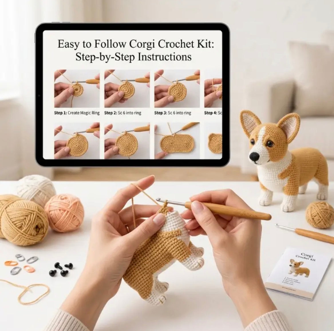 Corgi Crochet Kit For Begginers – Full Kit with Yarn, Hook & Guide