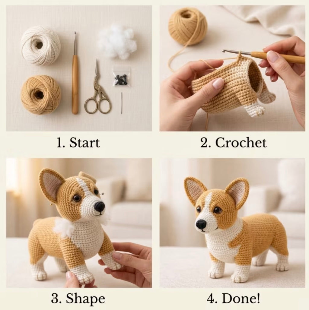 Corgi Crochet Kit For Begginers – Full Kit with Yarn, Hook & Guide