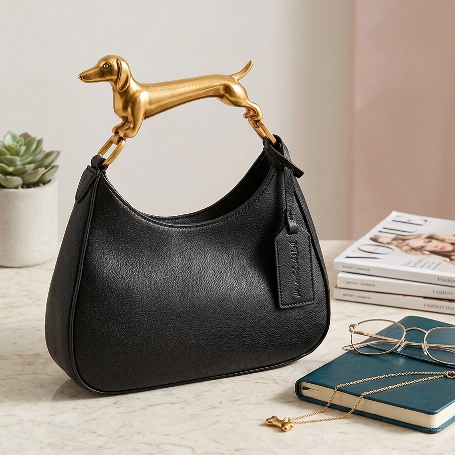 "The Wiener Whistle" Gold Dachshund Top-Handle Bag