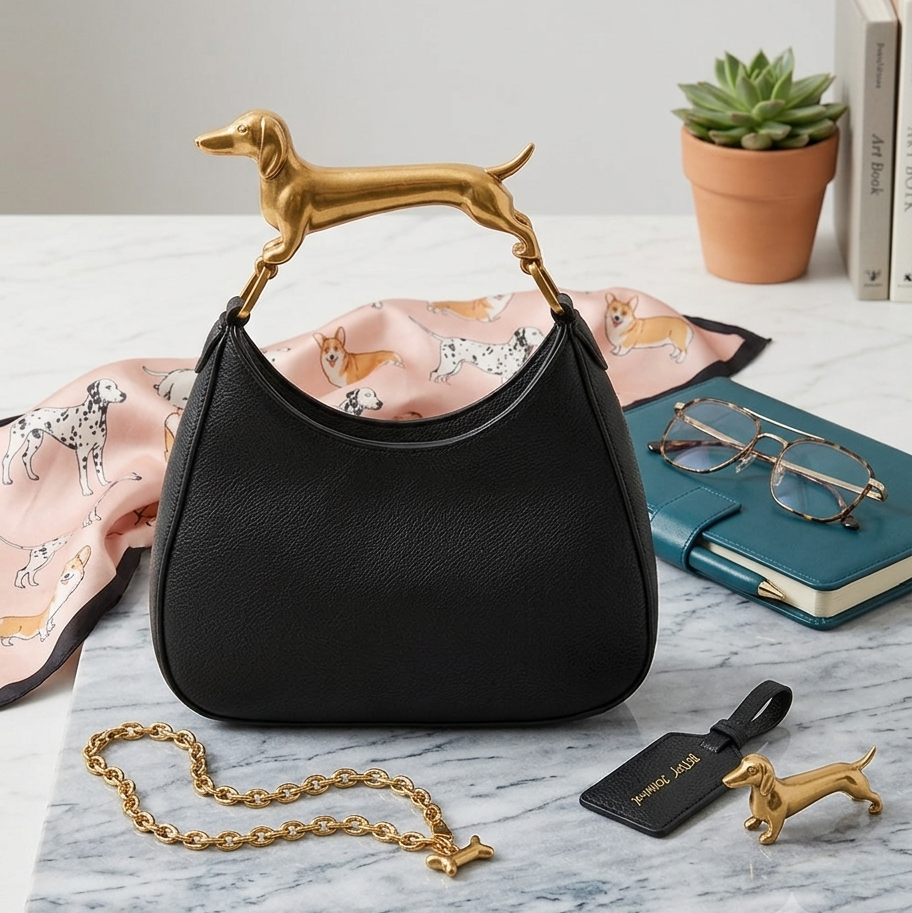 "The Wiener Whistle" Gold Dachshund Top-Handle Bag